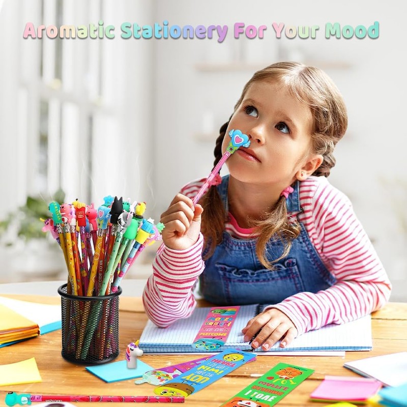 ALUNME 92 scented pencils with pencil overloads and scented bookmarks