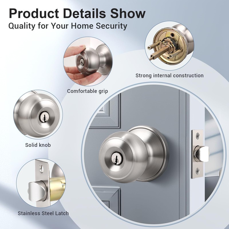 KNOBWELL 4 Pack Brushed Nickel Door Knob with Lock and