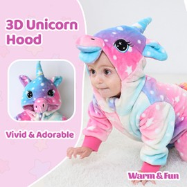LOLANTA Toddler Rainbow Unicorn Costume Girls, Plush Hooded Romper for Baby, Blue Pink, 30-36 Months,Tag 120