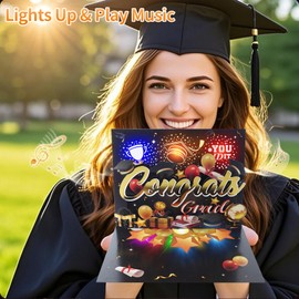 MZD8391 3D Graduation Pop Up Card with Music & LED Lights – 2025 Graduation Cards with Dancing Diploma & Trophy – Envelope Included – Perfect Grad Gifts for High School College University Graduates