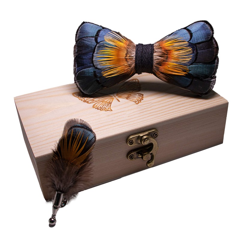 JEMYGINS Blue Feather Bow Tie Leather Bow tie and Brooch