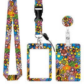 Badge Reels Retractable with Carabiner Reel Clip, ID Name Tag Work Badge Holder Belt Ferrule, Identity ID Badge Holder Cover Case for Office Work Nurse Teacher Student Gifts(Cartoon Flower)