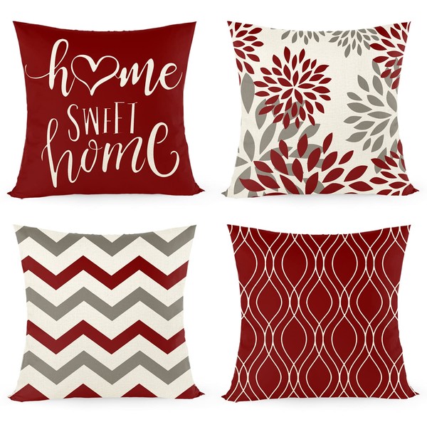Cushion Cover, 45 x 45 cm, Set of 4 with Home Sweet Home, Decorative Cushion Cover with Hidden Zip, Couch Cushion, Sofa Cushion Christmas (Red)