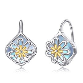Daisy Earrings Gifts for Women Sterling Silver Moonstone Daisy Flower Leverback Dangle Earrings Jewelry for Teens, 22, Sterling Silver white gold plated, high polished