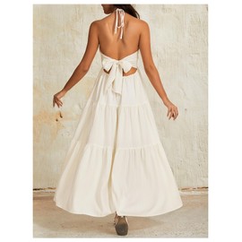 OYOANGLE Women's V Neck Tie Backless Halter Dress Ruched Flowy Wedding Vacation Maxi Dresses Beige Large