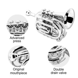 Yinfente B Flat Pocket Trumpet Bass Trumpet For Beginner,Student With Cleaning cloth, Silver plated 7C mouthpiece,hard case White gloves (Silver)