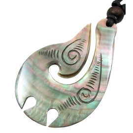 Swimmi Mother of Pearl Necklace, Hand Carved Tribal Māori Fish Hook Necklace, Handmade Seashell Necklaces for Women Men (AA225)