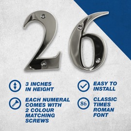 UAP House Numbers - 3 Inch Door Numbers Signature Screw Fix Bevelled Edge For Front Door, Address Number Screw On For Doors And Gates, Letter Times Roman Font (Number 4, Satin Chrome)