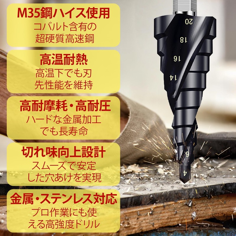 Step Drill, Titanium Nitride Aluminum Coating, HSS-Co M35, Hexagonal Shank,