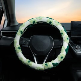 Green Flowers Lambswool Steering Wheel Cover Auto Steering Wheel Protector, Anti-Slip, Breathable, Absorbing Sweat, Universal Floral Car Accessories 14.5–15 inch,Fit for Most Car, Trucks, SUV