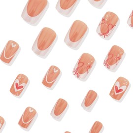 Valentines Press on Nails Medium Square Fake Nails Nude White False Nails with Diamond Designs Pink Heart Glossy Stick on Nails Glue on Nails Valentines Nails Acrylic Nails for Women Girls 24 Pcs
