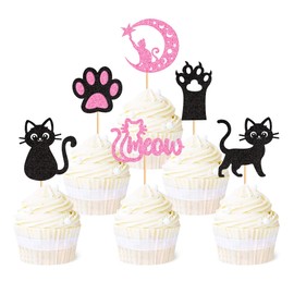 Ercadio - Paquete de 24 adornos para magdalenas para gatos, color negro, rosa, gato, maullido, cupcakes, gatito, gato, gatito, mascota, gato, cupcakes, decoración para cumpleaños, baby shower, fiesta, suministros para pasteles