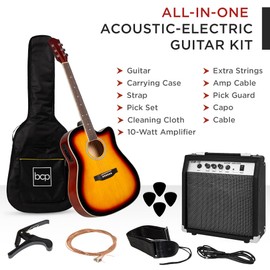 Best Choice Products Beginner Acoustic Electric Guitar Starter Set w/ 41in, All Wood Cutaway Design, Case, Strap, Picks - Sunburst