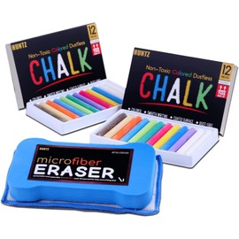 Huntz Dustless Chalk With Microfiber Eraser (Washable & Reusable) (12 White Chalks + 12 Colored Chalks + Eraser)