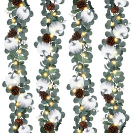 24Ft Fall Decoration Artificial White Pumpkins Garland with Eucalyptus Pinecones Faux Berries Garland with LED Lights for Mantle Door Autumn Decor