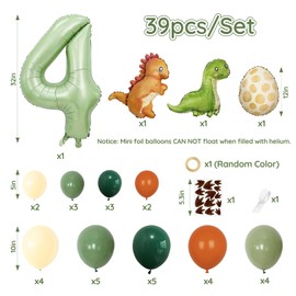 Wuokkig Orange Dinosaur Balloons, 42Pcs Number 4 Dinosaur Party Decoration