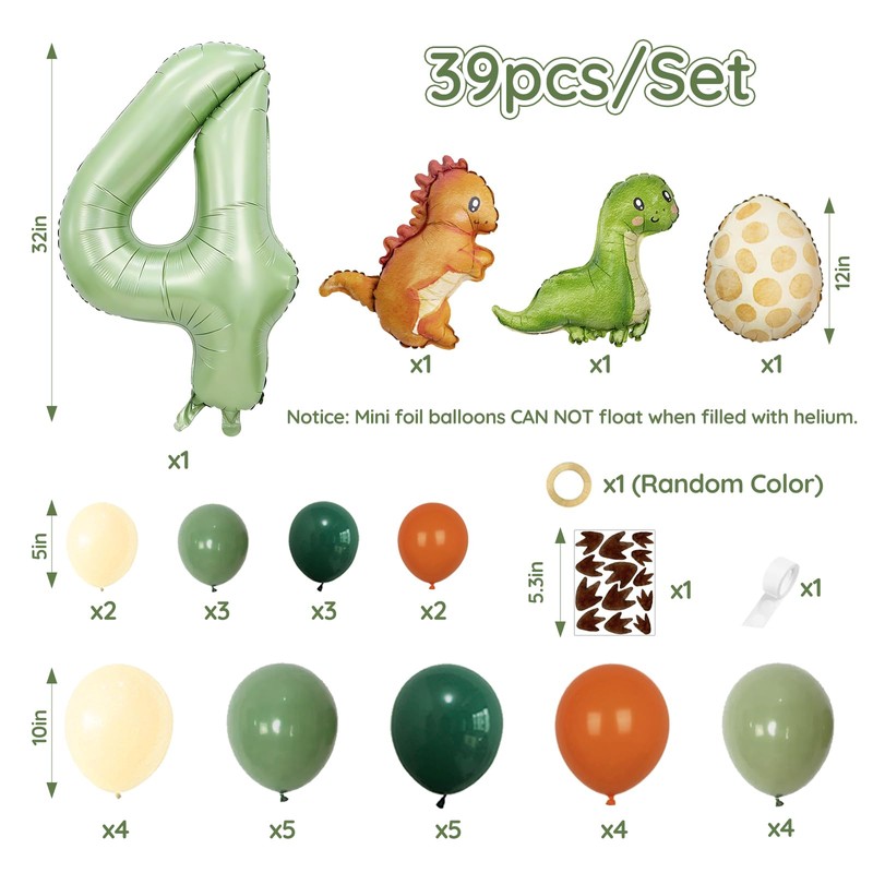Wuokkig Orange Dinosaur Balloons, 42Pcs Number 4 Dinosaur Party Decoration