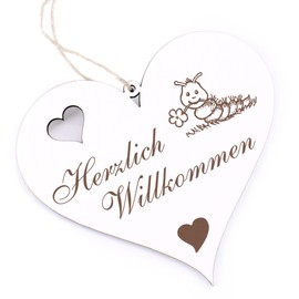 Herzlich Willkommen Sign – Caterpillar with Flower – Decorative Heart Wooden Welcome Sign Door Sign Door Decoration