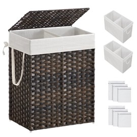 SONGMICS Laundry Hamper with Lid, 90L Clothes Hamper with 2 Removable Liner Bags, 6 Mesh Bags, Wicker Laundry Basket, Double Laundry Hamper for Bathroom, 13 x 18.1 x 23.6 Inches, Brown ULCB251K01V1