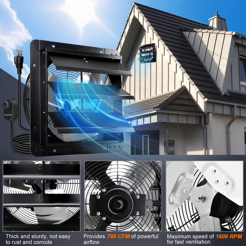 Hiorucet 7 Inch Wall Mounted Shutter Exhaust Fan with Speed