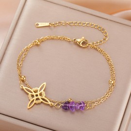 Dreamtimes Amethyst Bracelet Elegant Witch's Knot Bracelet for Women Stainless Steel Witchcraft Chain Bracelets Natural Purple Irregular Beads Bracelets Wiccan Positive Energy Jewelry (GOLD-1)