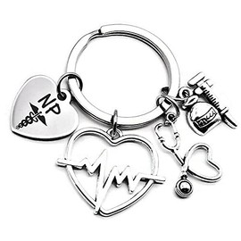 Kit's Kiss NP Nurse Practitioner Keychain Nurse Practitioner Gift NP Keychain Stethoscope Syringe ECG/EKG Heartbeat Charm Nurse Student Nurse Graduation School Nurse Keyring Caduceus Medical Symbol,