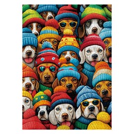 Funny Dog Puzzles for Adults 1000 Pieces, Colorful Winter Puppy Jigsaw Puzzles, Fantasy Hat Dog Animal Puzzle as Home Decor