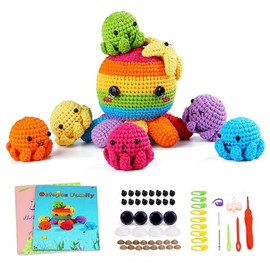 7PCs Rainbow Octopus Family Crochet Kit for Beginners Adults & Kids - Complete Starter Set with Video Tutorial, Hook, Tools + Extra Yarn! - Amigurumi Craft Gift Idea (UK Stock)