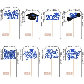 Cupcake-Topper für 8. Klasse, Glitzer, Diplom, Congrats Grad, 8. Klasse, Cupcake-Picks für 2024, Kinder, Jungen, Mädchen, 8. Klasse, Abschlussfeier, Party, Kuchendekoration, Zubehör, Blau, 24 Stück