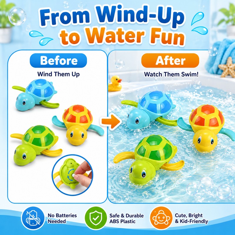 Wind-Up Turtle Bath Toy for Kids – Cute Clockwork Swimming
