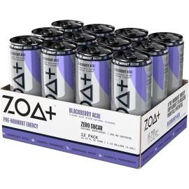 ZOA+ Pre-Workout Energy Drink Supplement -(BlackBerry Acai) 12 (pack) no sugar
