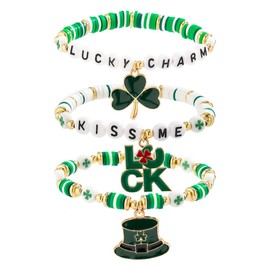 St. Patrick’s Day Beaded Bracelets Set Stackable Irish Lucky Shamrock Green Leaf Charm Bracelet Festive Party Stretch Bangle Holiday Charm Accessory Bracelets Jewelry Gifts for Women-3 Pack