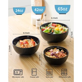 Hasense Porcelain Mixing Bowls of 3, Large Ribbed Black Bowls 1.5/1/0.5 Qt For Kitchen, Cooking, Baking and Serving Prep Bowls for Salad, Pasta, Modern Kitchen Dish Dishwasher & Microwave Safe