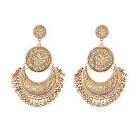 YUNXI Bohemian Ethnic Small Bells Bali Jhumka Jhumki Engraved Lotus Mexico Gypsy Tassel Dangle Earrings Traditional Ear Studs (Gold)
