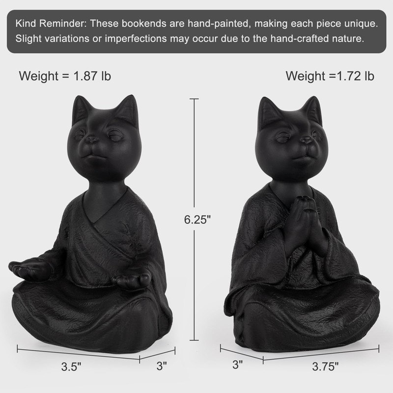 Meditating Cat Bookends, Zen Style Decorative Cat Statue Bookends, Heavy