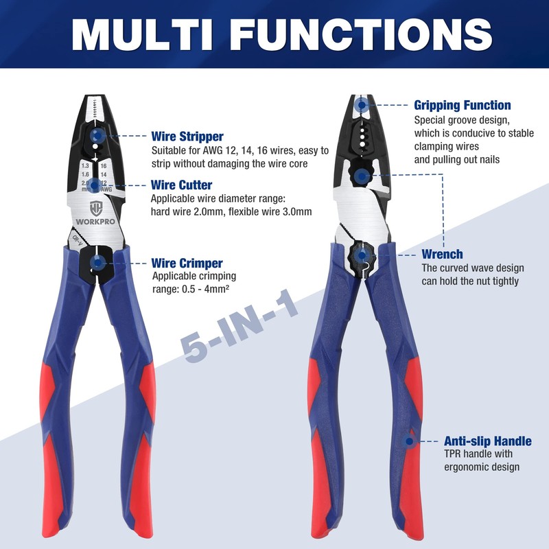 WORKPRO 5-in-1 Combination Pliers with Wire Stripper/Crimper/Cutter/Spanner | 8 inch