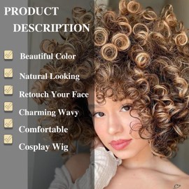 Miyamarch Short Curly Wave Brown Blonde Wigs for Women Fluffy Afro Cosplay Costume Wig with Bangs for Adults Women Soft Breathable Wig Party (27#)