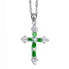 RIZILIA Crucifix Cross Pendant with 45cm(18") Chain & Trapezoid Cut Gemstones CZ [Green Emerald] in 18K White Gold Plated, Simple Modern Elegance