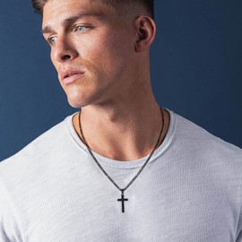 LUXEJEW Stainless Steel Cross Necklaces for Men Women Black Silver Gold Figaro Chain Cross Pendant Necklace Mens Jewelry 16-24 Inches, 18 Inches(Women's Average Length), Stainless Steel, No Gemstone