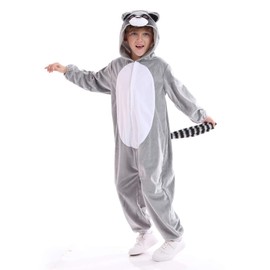 Unisex Sweet Raccoon Cosplay Costume Kids,Children Animal One-piece Pajamas with Tail,Christmas Party Dress Up,Grey(L）