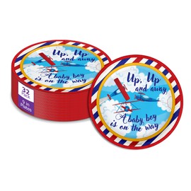 Up Up and Away Airplane Baby Shower Party Supplies Large 9" Paper Plates in Bulk 32 Piece