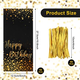 50Pcs Happy Birthday Bags Black Candy Bags Plastic Party Treat Bags Foil Dot Candy Goodie Treat Bags with 100 Gold Twist Ties for Kids Birthday Party Supplies