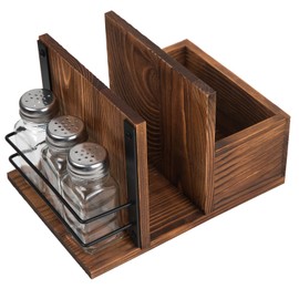 ExoLiry Rustic Burnt Wooden Kitchenware Organizer Napkin Utensil Spice Holders Table Seasoning Shakers Chalkboard Label Countertop Salt Pepper Caddy Wood Kitchen Dining Room Restaurant Café Home