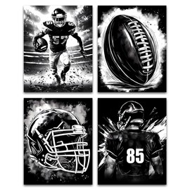 American Football Sport Canvas Wall Art,Black and White American Football Wall Art Artwork,Rugby Field Stadium Sports Picture Painting for Man Cave,Boy's Bedroom Decor Set of 4(8"X10"Frameless)