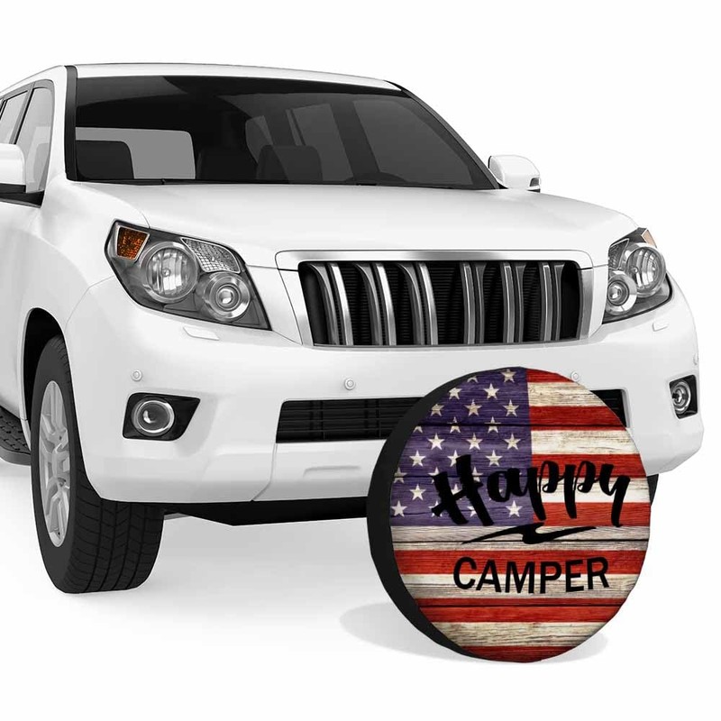 MIYASANG Happy Camper Spare Tire Cover American Flag Wood Plank
