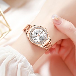 OLEVS Rose Gold Women's Watch Luxury Diamond Dress Fashion with Date Female Watches Quartz Analog Waterproof Luminous Ladies Wrist Watch Silver