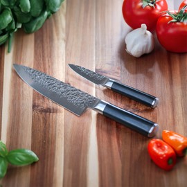 Swiss Diamond Chef & Paring Knife, German Steel With ABS Handle, Half Tang Handle, Hammered Blade Chef Knives Professional Grade, 55+2 Rockwell Hardness, 8 & 4.5 Inch