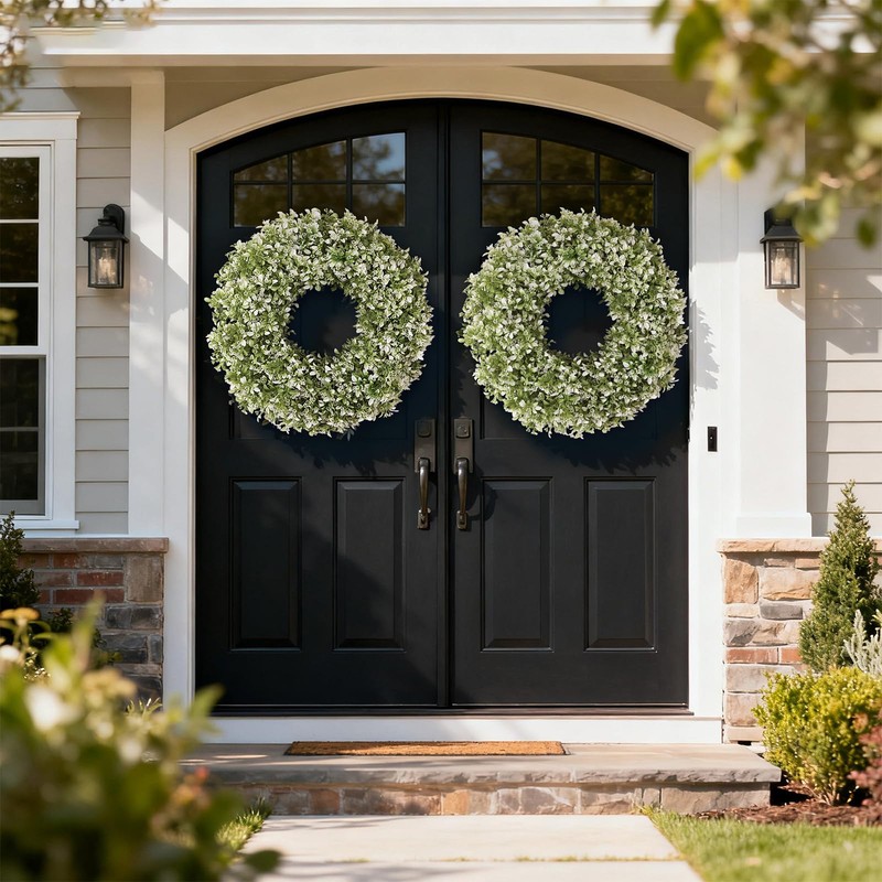 26" Large Artificial Boxwood Wreath for Front Door(White-Green)