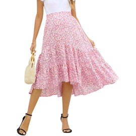 Coolmee Maternity Dress Women's High Waist Floral Print Pleated Maxi Skirt Casual Flowy Swing A Line Long Skirts PinkWhite L