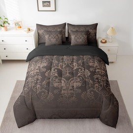 Erosebridal Gothic Damask 7 Piece Comforter Set Full Bed in a Bag,Sun Moon Tree of Life Bedding Sets Black Brown Victorian Floral Goth Sheet Set with Comforter